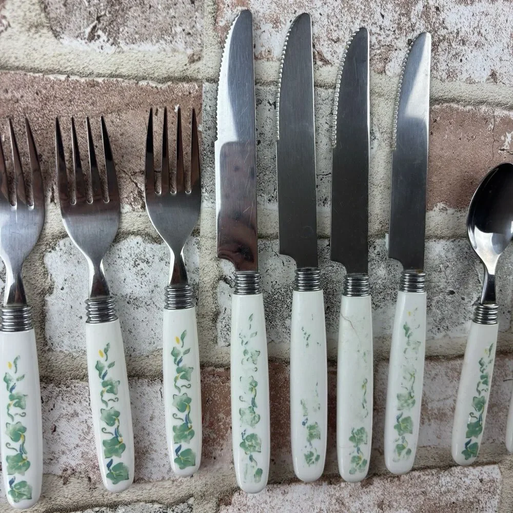 13 pc Corelle CALLAWAY IVY Flatware Cambridge Stainless Cottagecore Green Vine